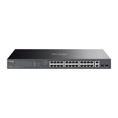 Omada Networks by TP Link Omada 28-Port Gig Easy Managed Switch. Ports: 24 PoE+, 2X Gig RJ45, 2 SFP. Spec: