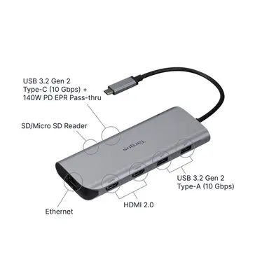 Targus USB-C ALT. Mode Dual HDMI 4K Mobile Dock with 140W Epr Pass-Thru & SD Reader Sil, image 6