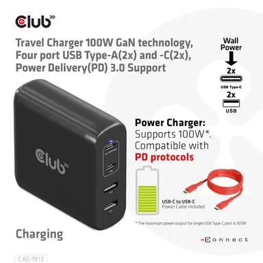 Club 3D B.V Club 3D CAC-1912 4-Port Travel Charger 100W Gan Technology. 2X USB-a 2X USB-C, image 8