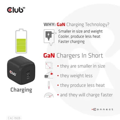 Club 3D B.V Travel Charger PPS 45W Gan Technology, Dual Port USB Type-C, Power DELIVERY(PD), image 7