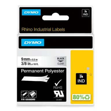 Dymo Rhino 3/8IN X 18 ft, Clear Permanent Poly Labels - Thermal Transfer - Black Text