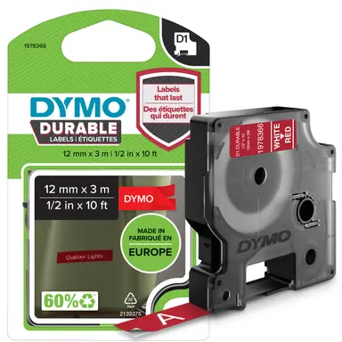 Dymo Labelmanager D1 Durable Label White Print on Red Tape 1/2IN X 10 ft, Thermal