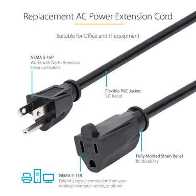 StarTech.com AC Power Extension Cord 1FT/0.3M 16AWG Power Supply Extension Cable NEMA 5-15R, image 8