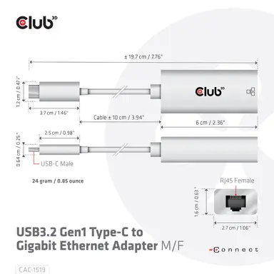Club 3D B.V USB3.2 GEN1 Type-C to Gigabit Ethernet Adapter. Enable Your MacBook, Chromebook, image 8