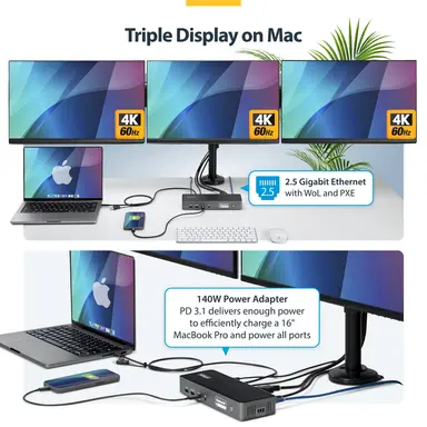 StarTech.com Triple-Monitor USB-C Docking Station, 140W Laptop Charging Dock for MacBook Pro, image 8