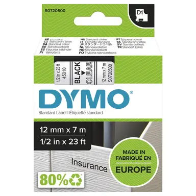 Dymo Labelmanager D1 Black Print/Clear Tape, 1/2 X 23, Always Use Dymo-Branded