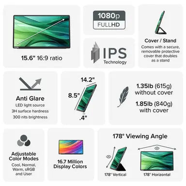 Plugable Technologies Plugable USB-C Portablemonitor 15.6 in, 100W Pass-Through Charging Laptop Smartp, image 5