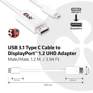 Club 3D B.V USB C - DP1.2A Cable 1.2M/3.93FT 4K60HZ, image 8