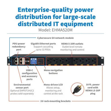 Eaton Single-Phase Managed Rack PDU G4, 120V, 8 NEMA 5-20R Outlets, 16A, 1.9KW, L5-20P, image 4