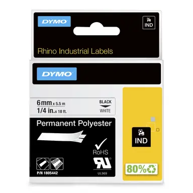 Dymo Rhino 1/4IN White Perm POLY-6MM - This Item Is Suitable for Use in Rhinopro 3000