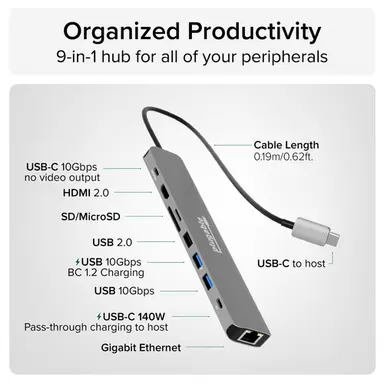 Plugable Technologies Plugable USB C Hub Multiport Adapter (9-in-1) 140W Power Delivery Charging, 4K 6, image 4